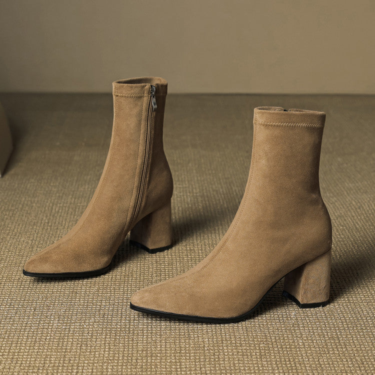 Genuine Suede Pointed-Toe Ankle Boots with Block Heel and Side Zip - Marl &amp; Mere