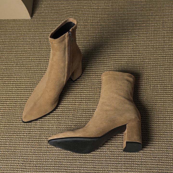 Genuine Suede Pointed-Toe Ankle Boots with Block Heel and Side Zip - Marl &amp; Mere