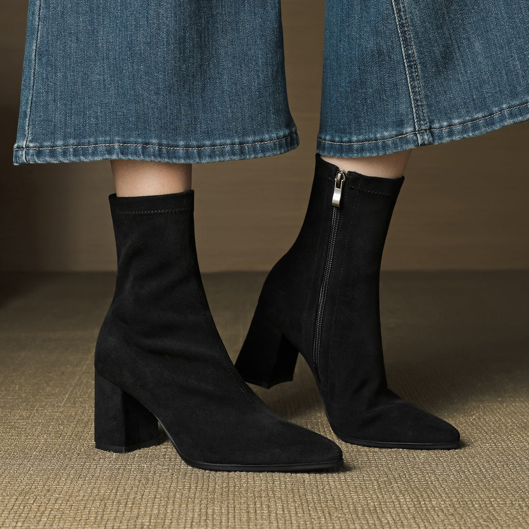 Genuine Suede Pointed-Toe Ankle Boots with Block Heel and Side Zip - Marl &amp; Mere