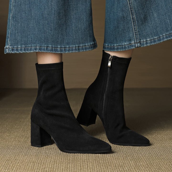 Genuine Suede Pointed-Toe Ankle Boots with Block Heel and Side Zip - Marl &amp; Mere