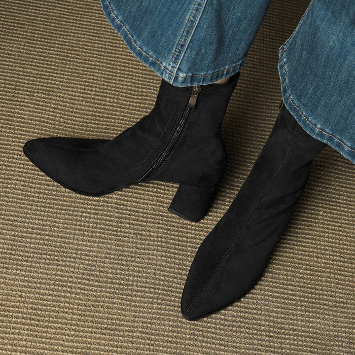 Genuine Suede Pointed-Toe Ankle Boots with Block Heel and Side Zip - Marl &amp; Mere