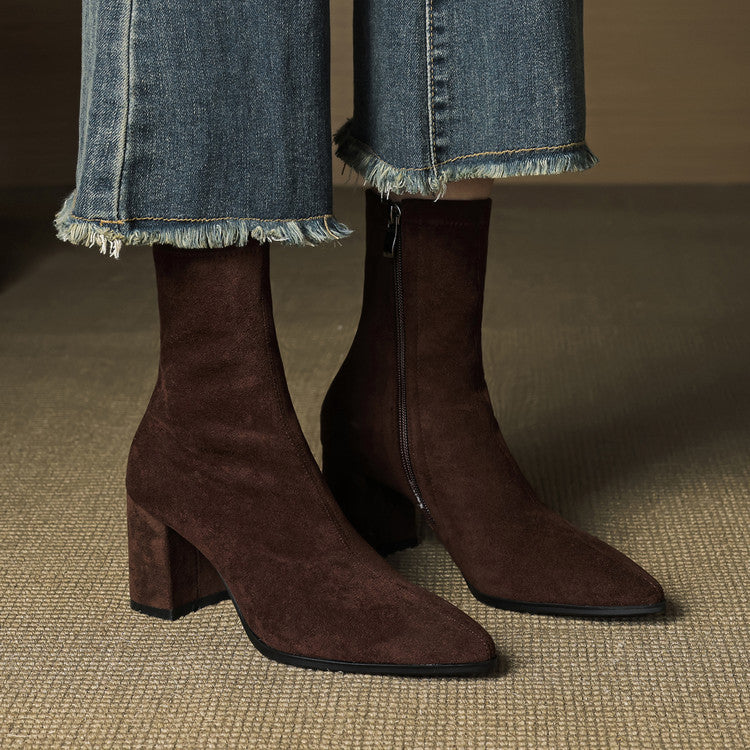 Genuine Suede Pointed-Toe Ankle Boots with Block Heel and Side Zip - Marl & Mere