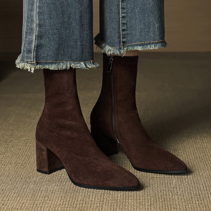 Genuine Suede Pointed-Toe Ankle Boots with Block Heel and Side Zip - Marl &amp; Mere