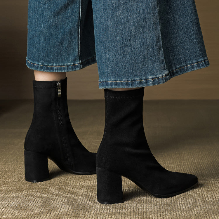 Genuine Suede Pointed-Toe Ankle Boots with Block Heel and Side Zip - Marl &amp; Mere