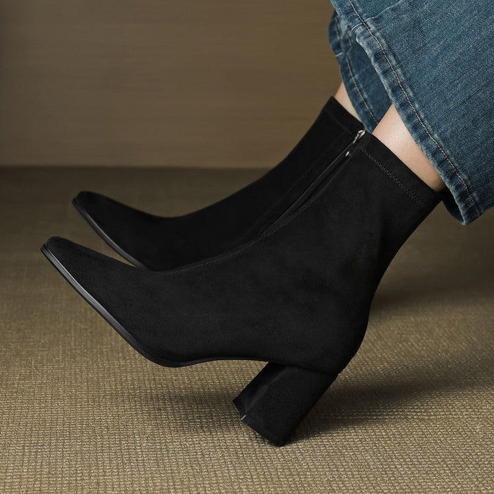 Genuine Suede Pointed-Toe Ankle Boots with Block Heel and Side Zip - Marl &amp; Mere