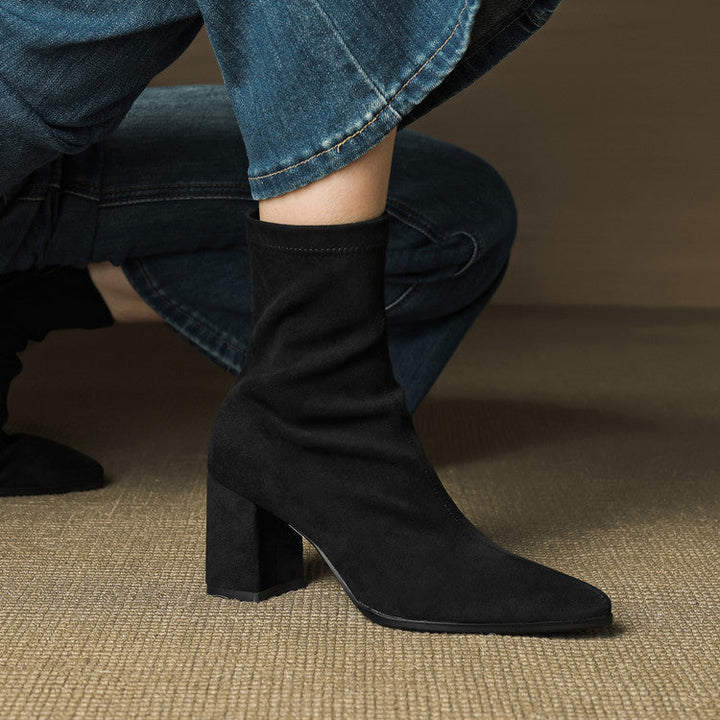 Genuine Suede Pointed-Toe Ankle Boots with Block Heel and Side Zip - Marl &amp; Mere
