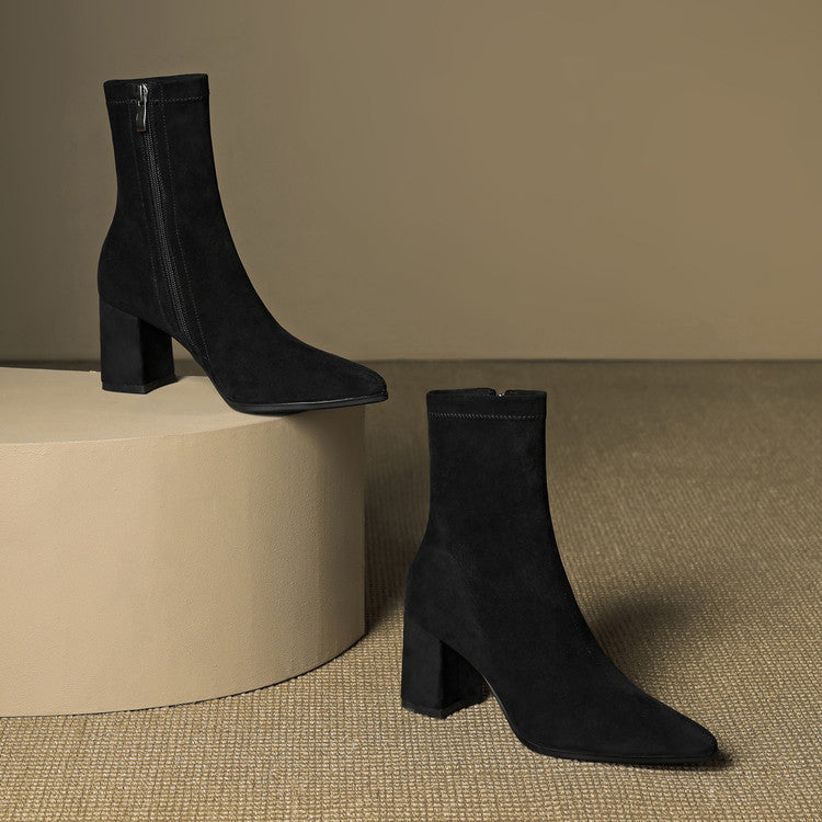 Genuine Suede Pointed-Toe Ankle Boots with Block Heel and Side Zip - Marl &amp; Mere