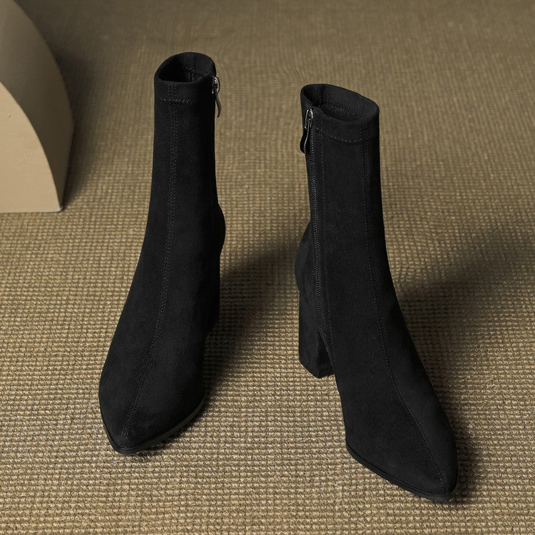 Genuine Suede Pointed-Toe Ankle Boots with Block Heel and Side Zip - Marl &amp; Mere