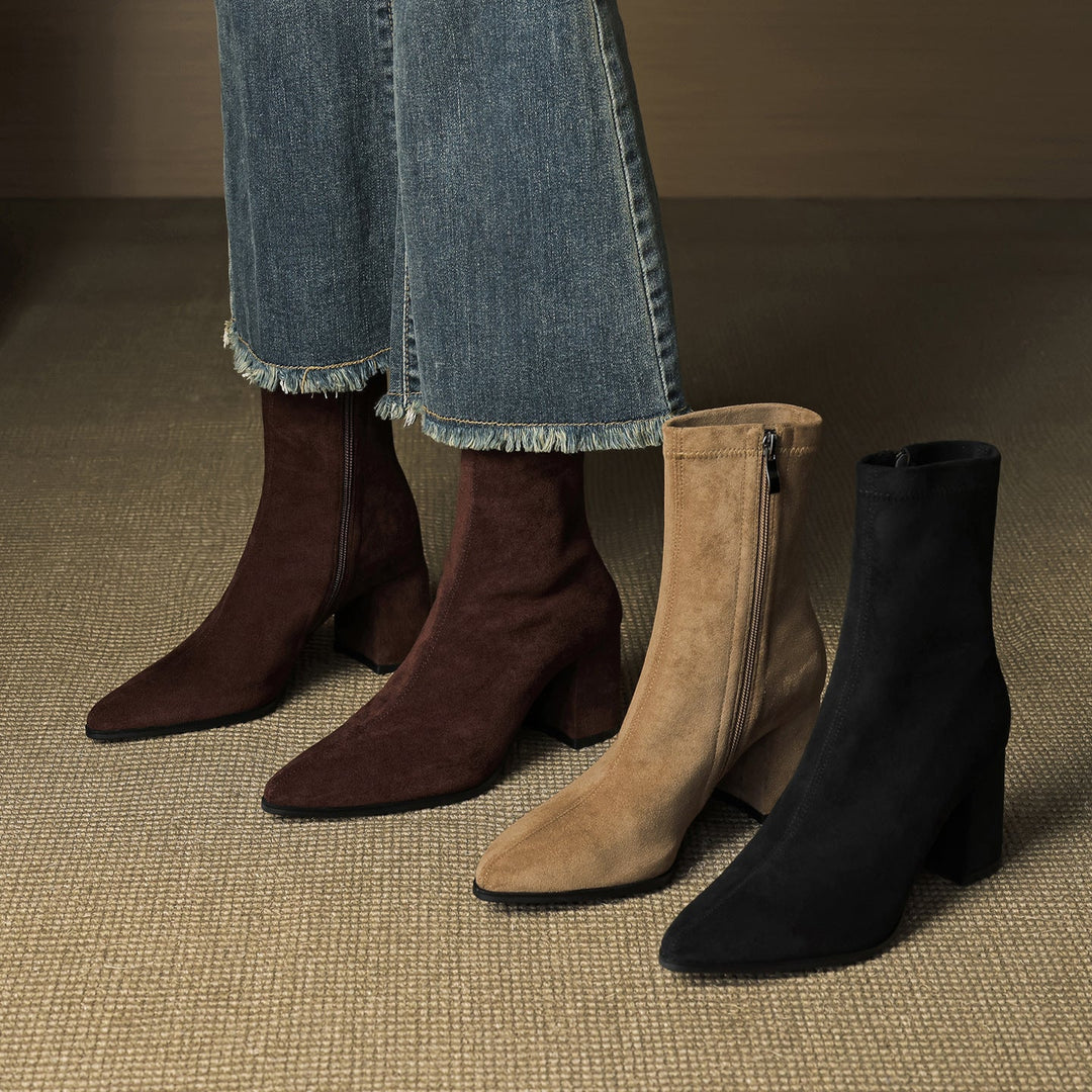 Genuine Suede Pointed-Toe Ankle Boots with Block Heel and Side Zip - Marl &amp; Mere