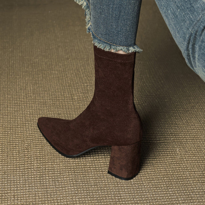 Genuine Suede Pointed-Toe Ankle Boots with Block Heel and Side Zip - Marl &amp; Mere