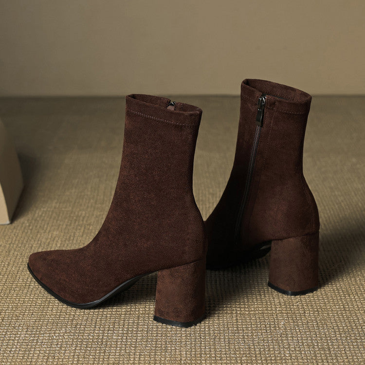 Genuine Suede Pointed-Toe Ankle Boots with Block Heel and Side Zip - Marl &amp; Mere