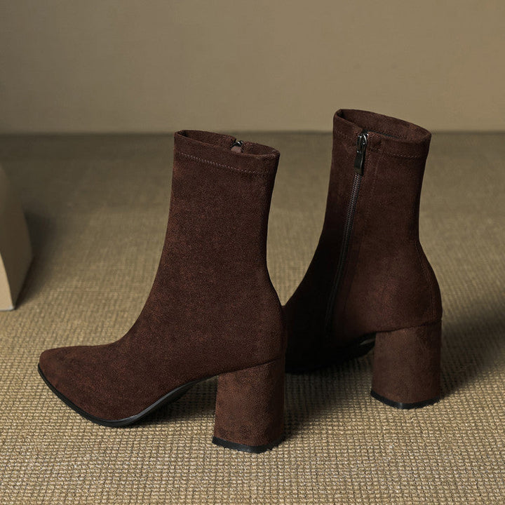 Genuine Suede Pointed-Toe Ankle Boots with Block Heel and Side Zip - Marl &amp; Mere