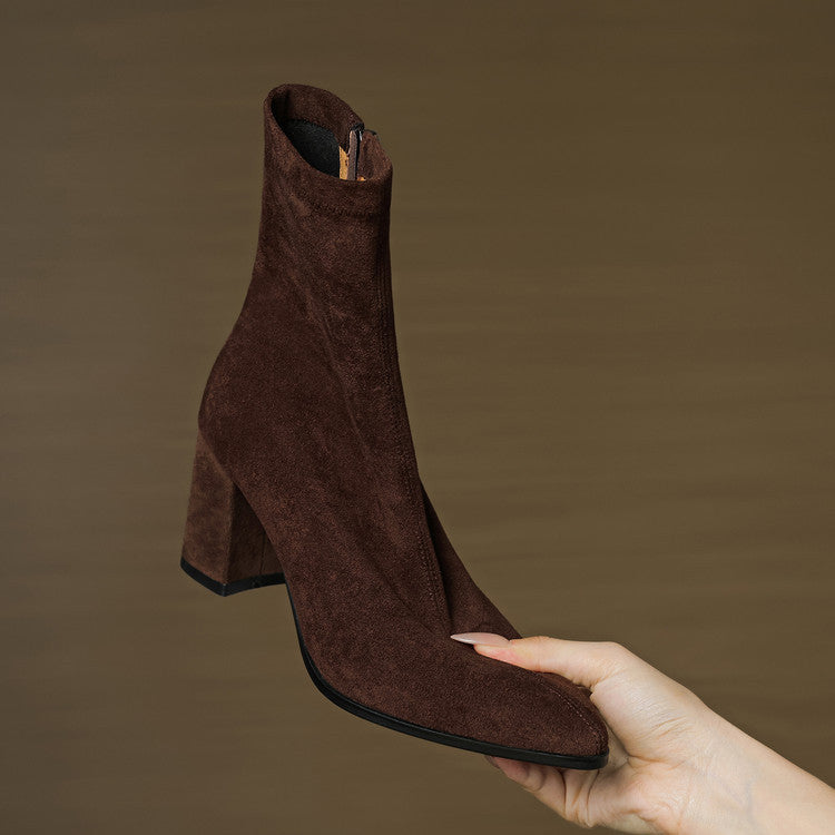 Genuine Suede Pointed-Toe Ankle Boots with Block Heel and Side Zip - Marl &amp; Mere