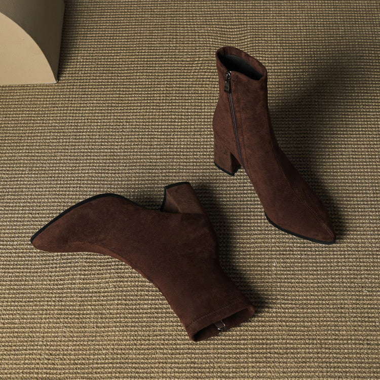 Genuine Suede Pointed-Toe Ankle Boots with Block Heel and Side Zip - Marl &amp; Mere