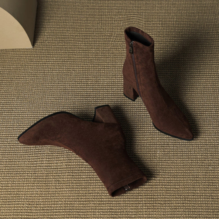 Genuine Suede Pointed-Toe Ankle Boots with Block Heel and Side Zip - Marl &amp; Mere
