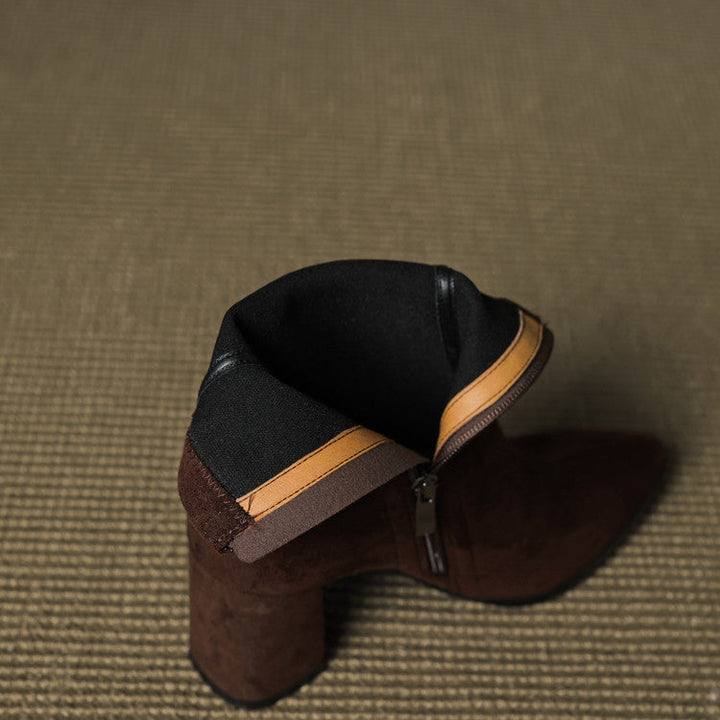 Genuine Suede Pointed-Toe Ankle Boots with Block Heel and Side Zip - Marl &amp; Mere