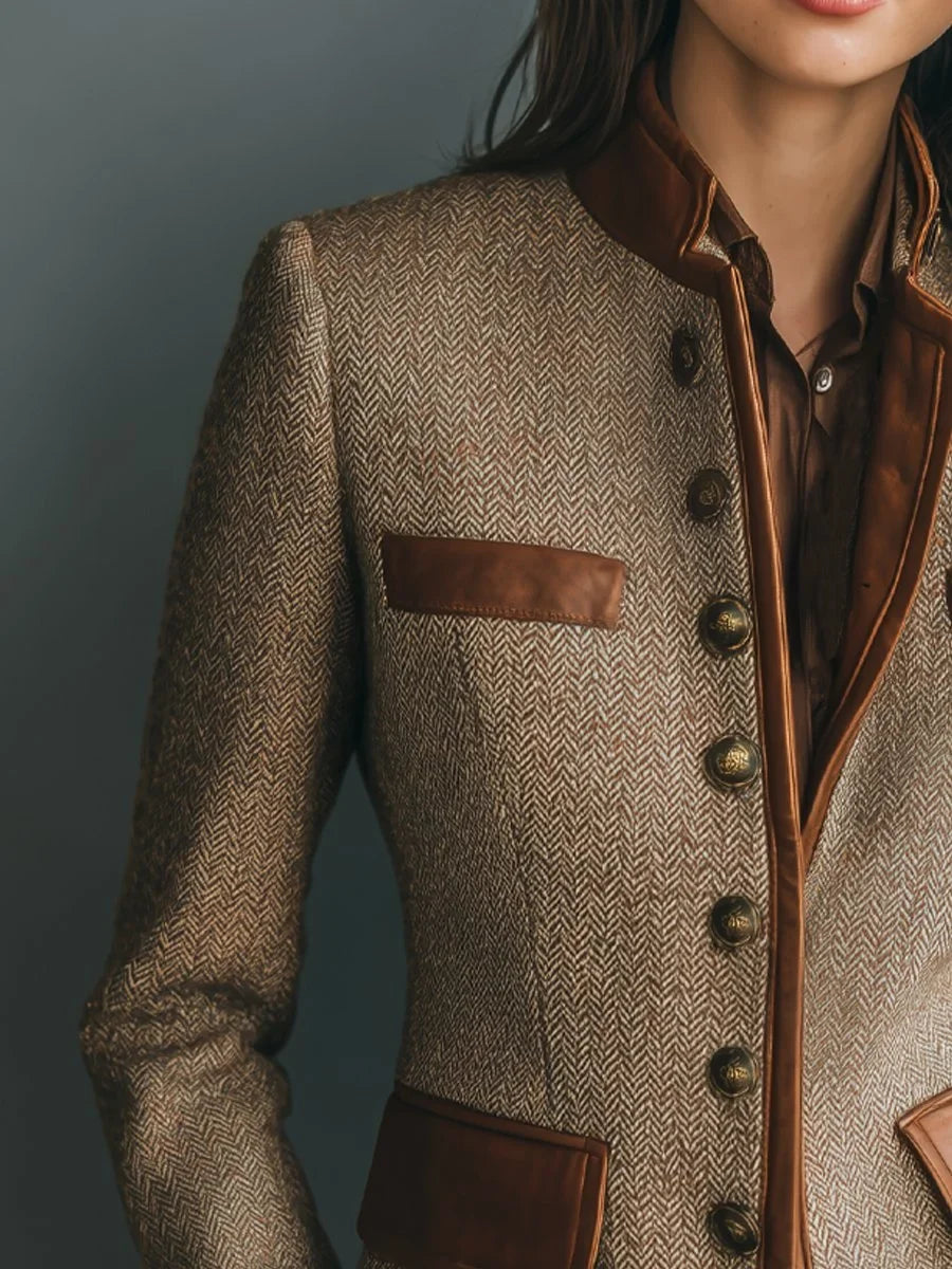 Herringbone Tweed Jacket with Leather Trim and Antique Brass Buttons