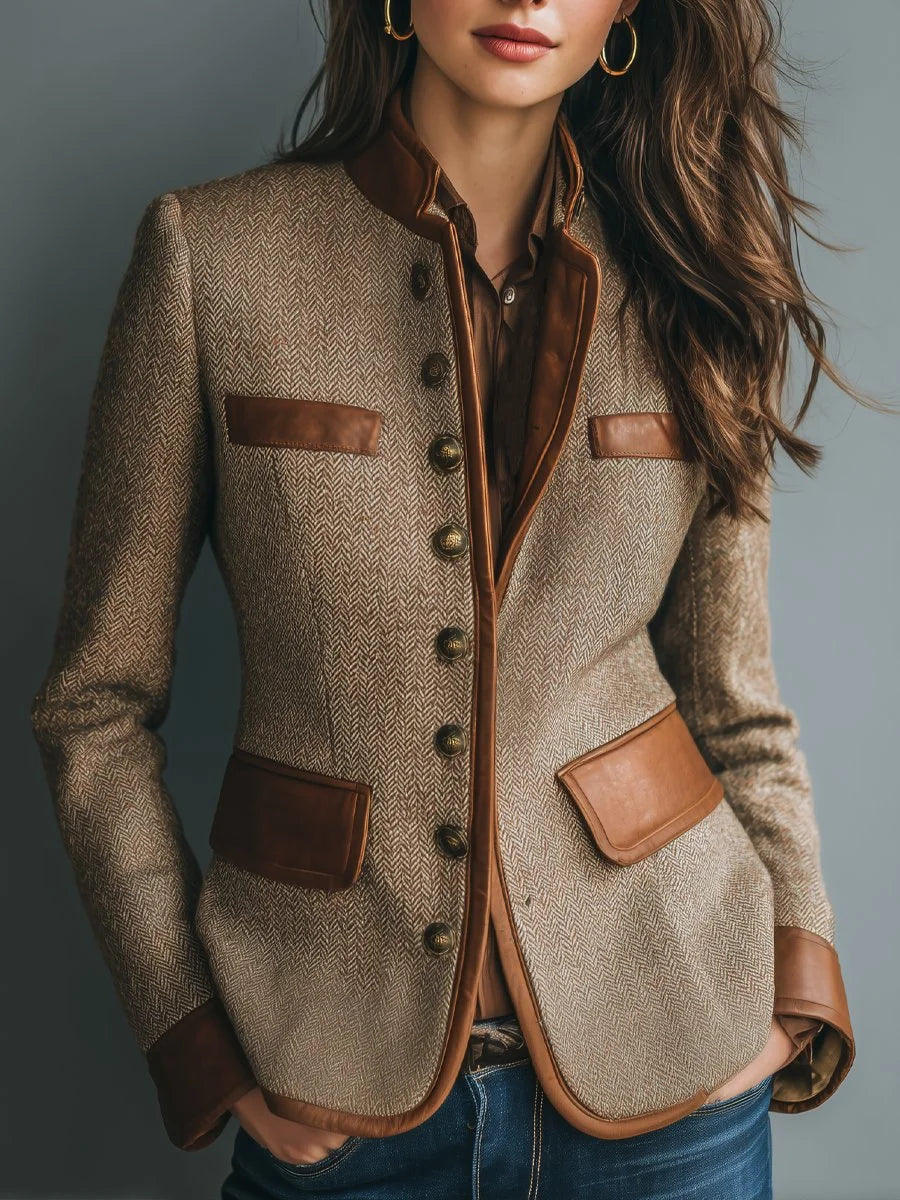 Herringbone Tweed Jacket with Leather Trim and Antique Brass Buttons - Marl & Mere
