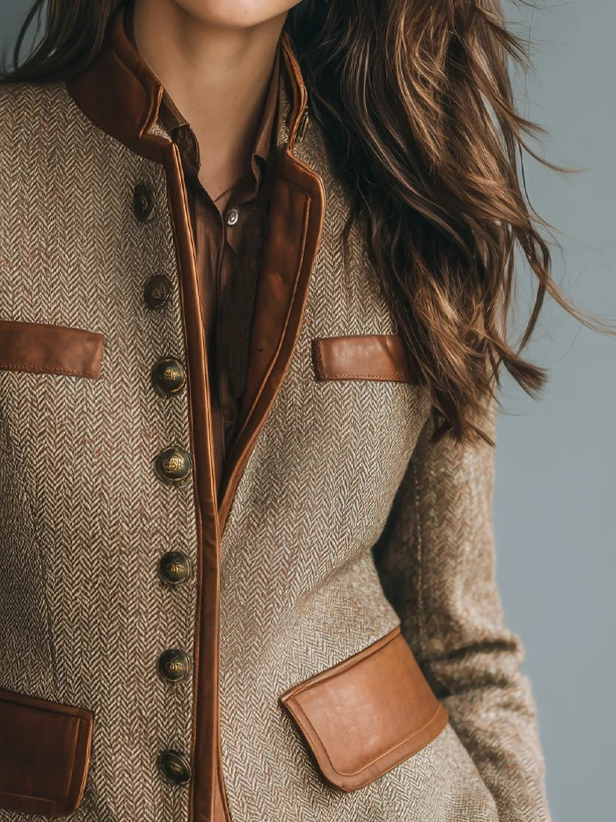 Herringbone Tweed Jacket with Leather Trim and Antique Brass Buttons - Marl &amp; Mere