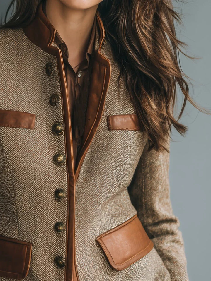Herringbone Tweed Jacket with Leather Trim and Antique Brass Buttons - Marl &amp; Mere