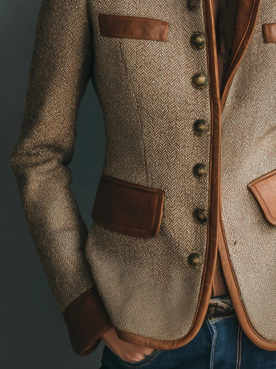 Herringbone Tweed Jacket with Leather Trim and Antique Brass Buttons - Marl &amp; Mere