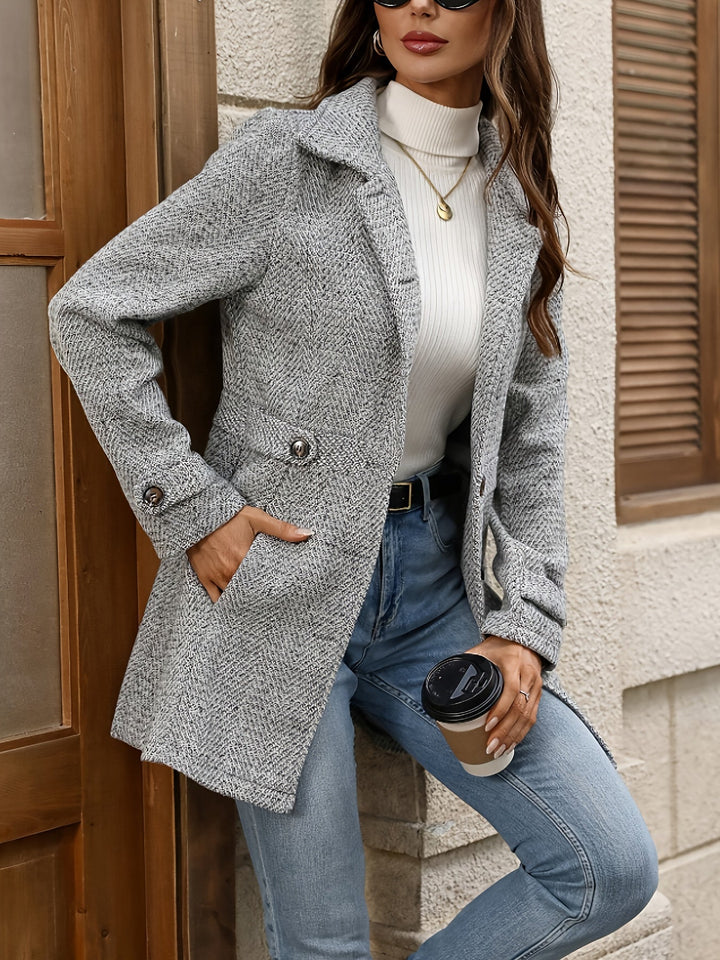 Herringbone Wool-Look Coat with Cinched Waist and Wide Collar