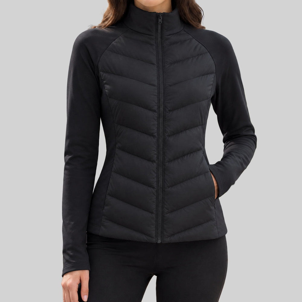 High-Neck Chevron Quilted Jacket with Full Zip and Raglan Sleeves