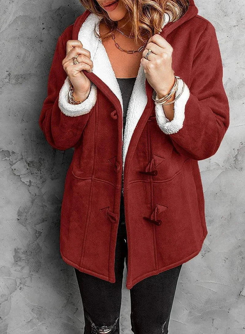 Hooded Faux Suede Duffle Coat with Sherpa Lining and Toggle Fastening