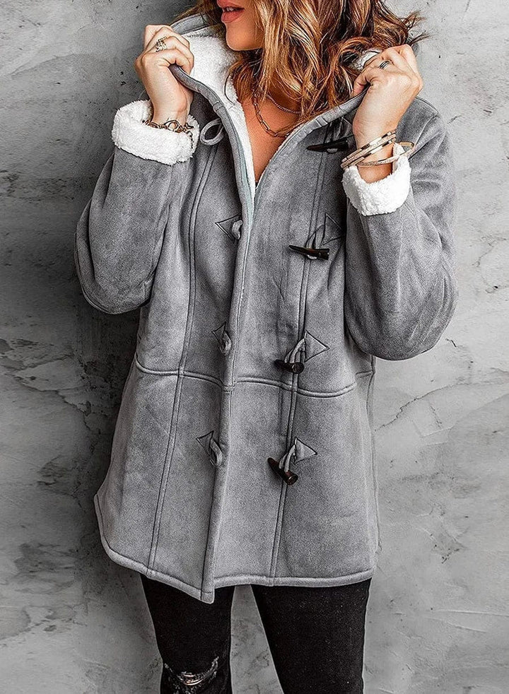 Hooded Faux Suede Duffle Coat with Sherpa Lining and Toggle Fastening