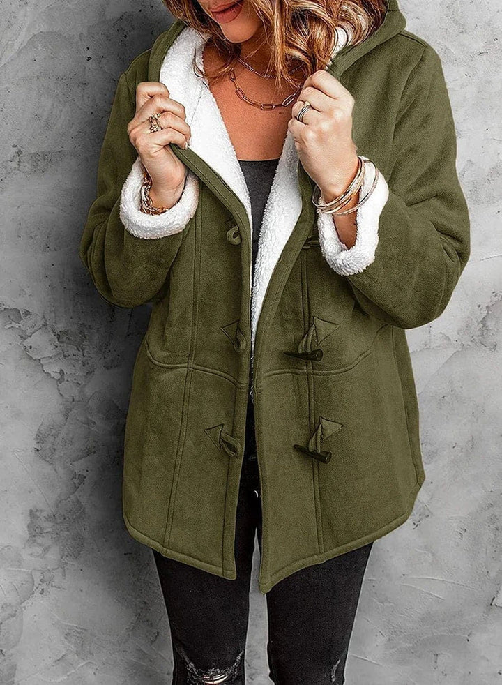 Hooded Faux Suede Duffle Coat with Sherpa Lining and Toggle Fastening
