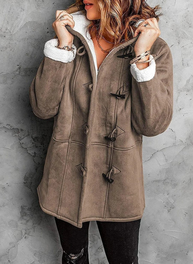 Hooded Faux Suede Duffle Coat with Sherpa Lining and Toggle Fastening