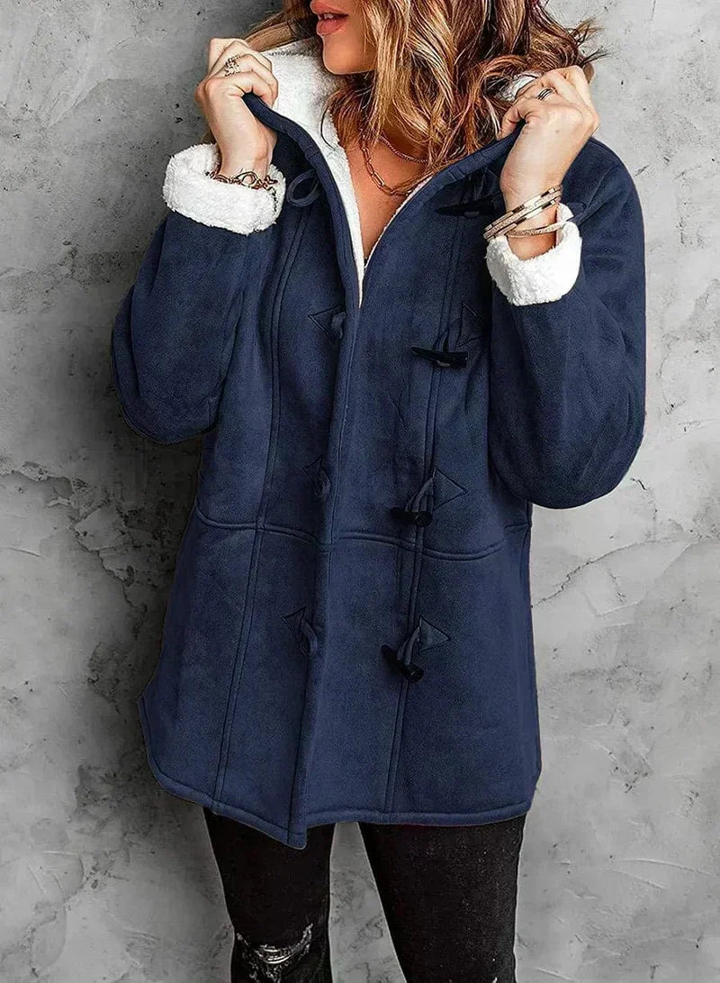Hooded Faux Suede Duffle Coat with Sherpa Lining and Toggle Fastening