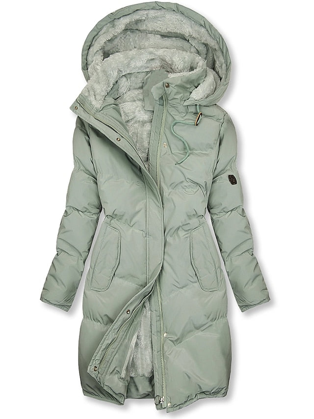 Hooded Insulated Quilted Coat with Plush Fleece Lining and Drawstring Waist
