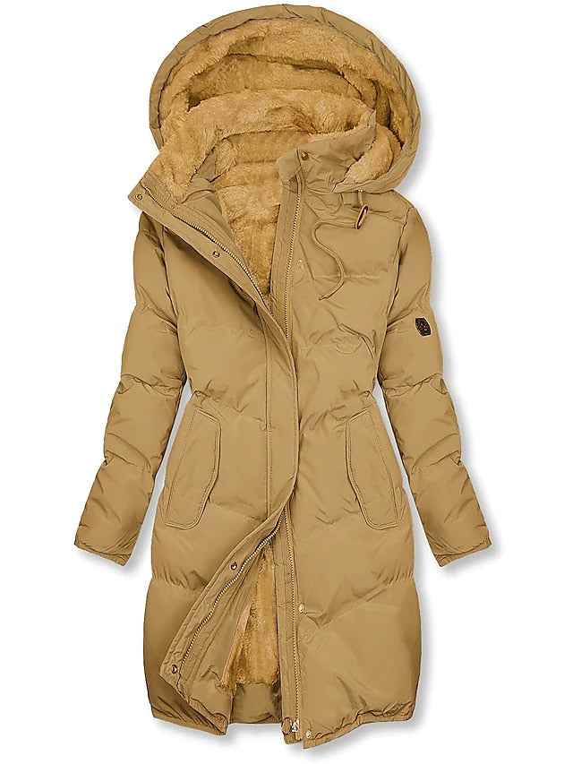 Hooded Insulated Quilted Coat with Plush Fleece Lining and Drawstring Waist