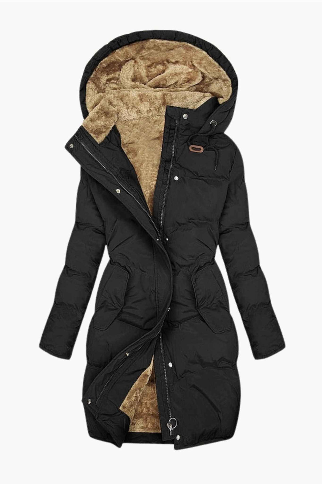 Hooded Insulated Quilted Coat with Plush Fleece Lining and Drawstring Waist - Marl & Mere