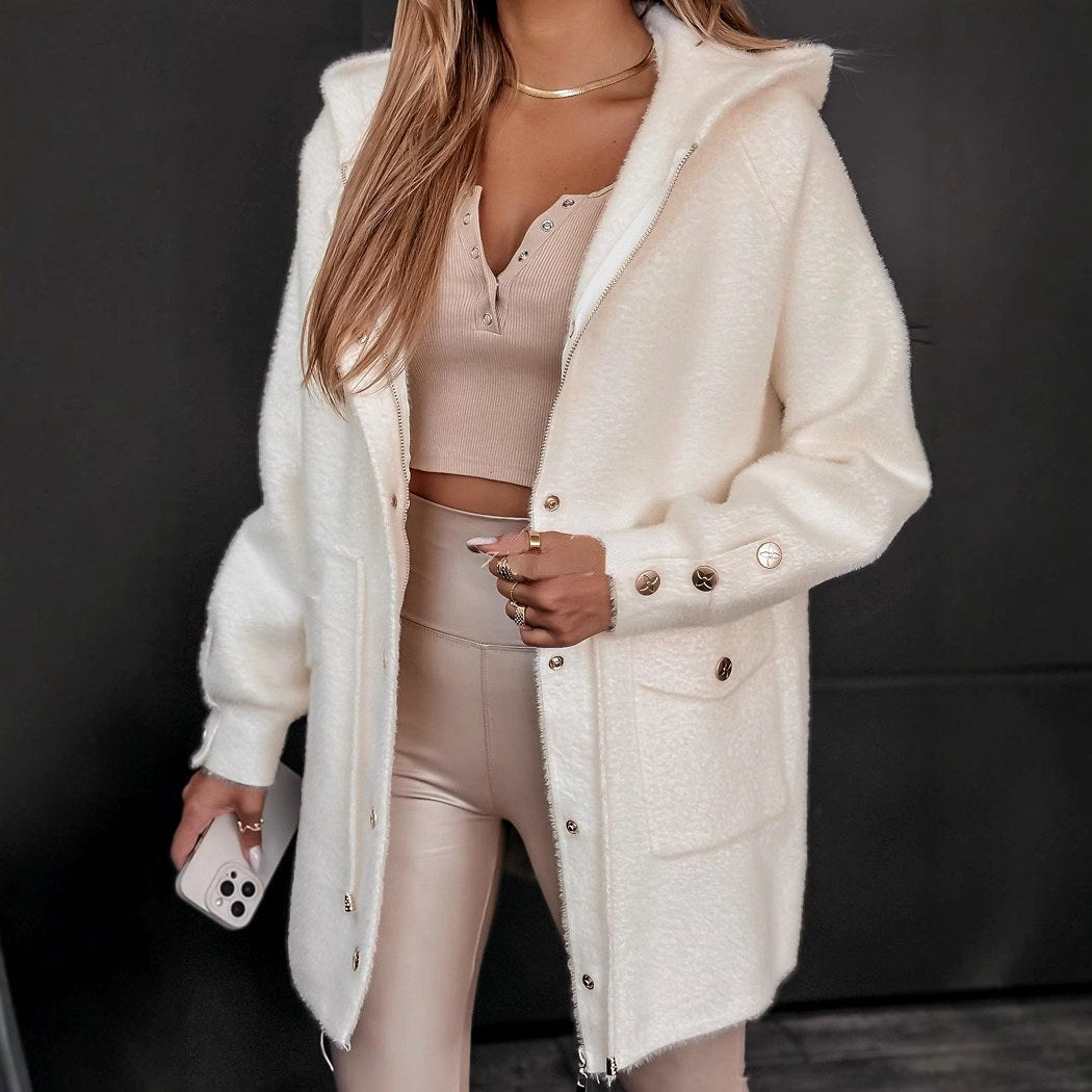 Hooded Longline Fuzzy Jacket with Oversized Patch Pockets