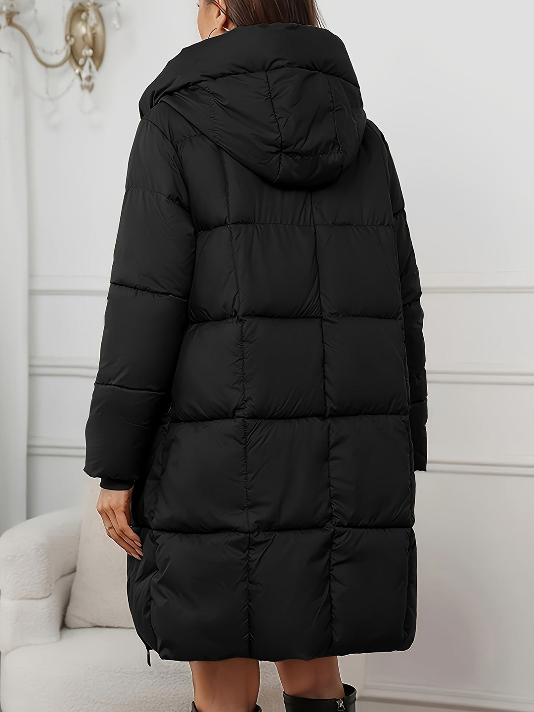 Hooded Longline Quilted Puffer Coat with Full Zip