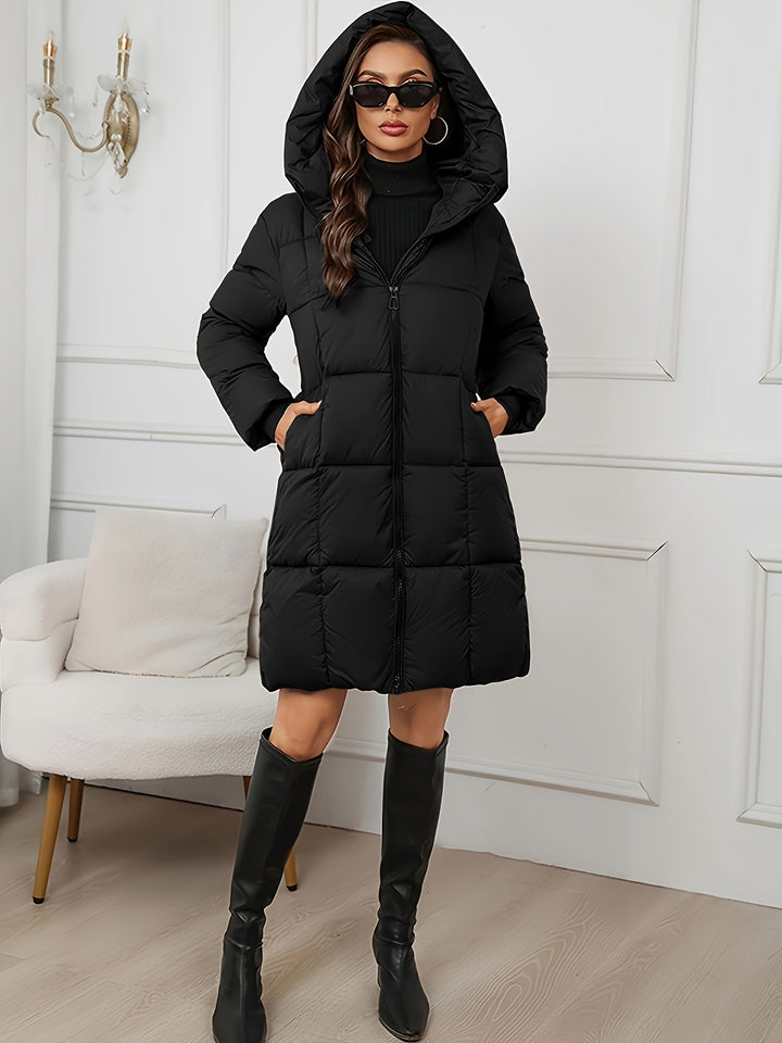 Hooded Longline Quilted Puffer Coat with Full Zip