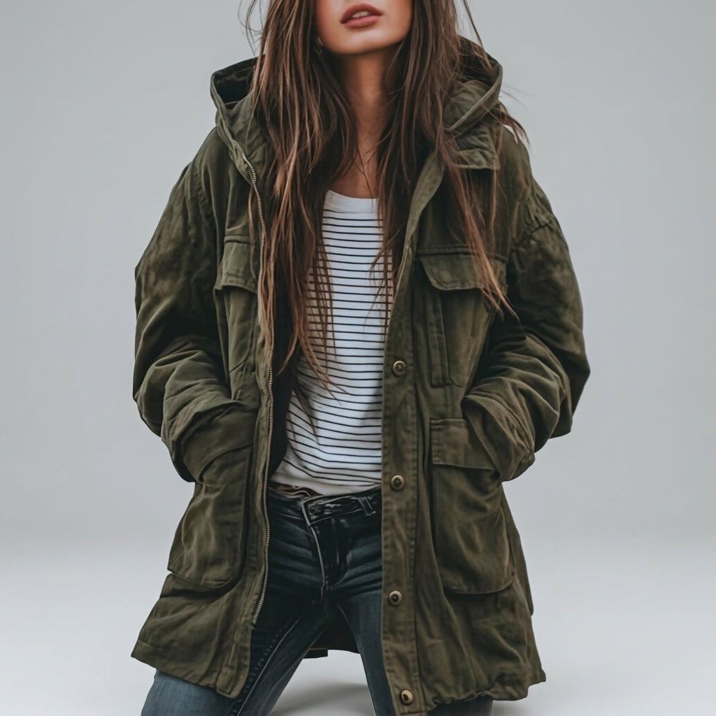 Hooded Utility Jacket with Cargo Flap Pockets and Snap Placket - Marl & Mere