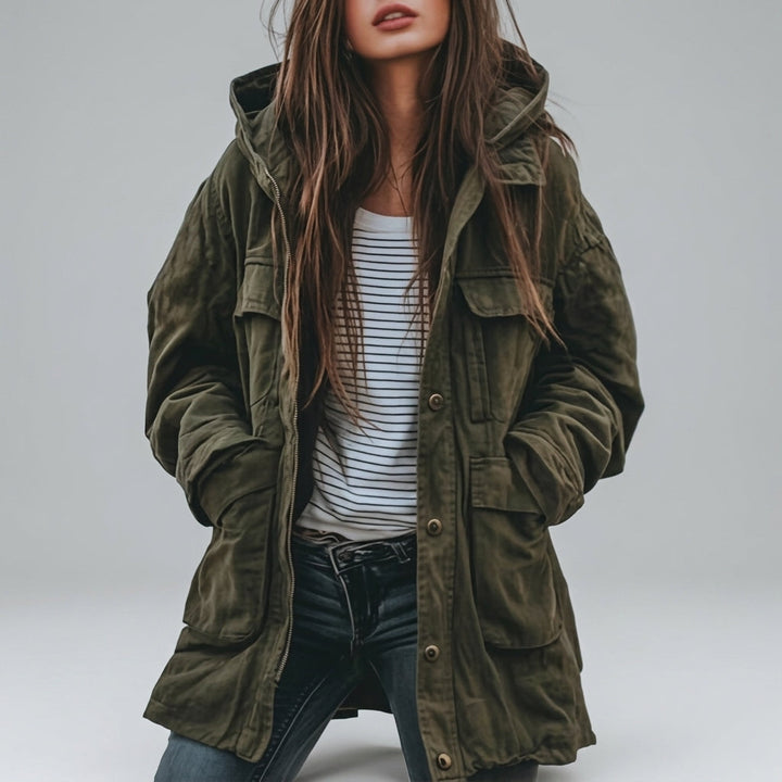 Hooded Utility Jacket with Cargo Flap Pockets and Snap Placket - Marl &amp; Mere