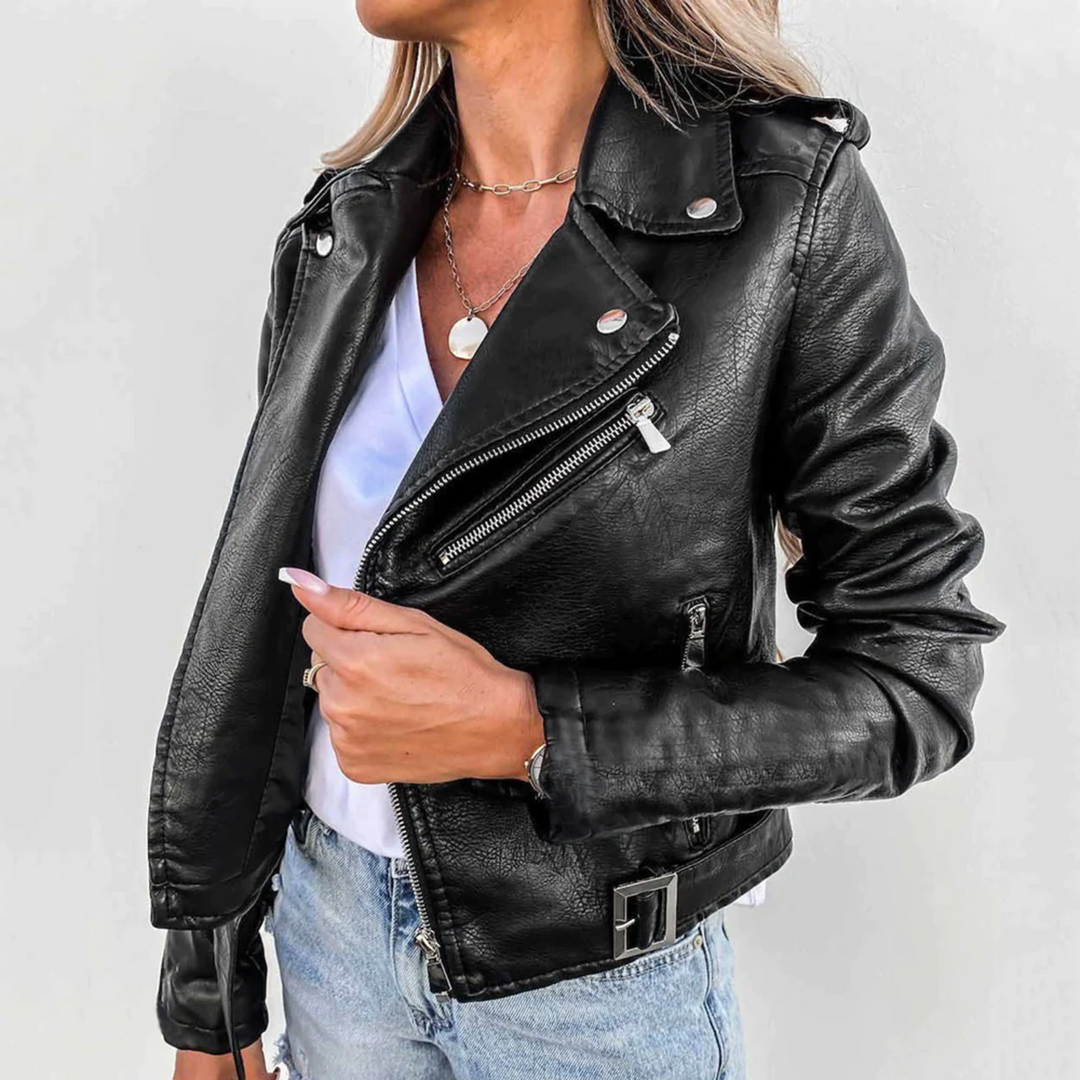 Leather Biker Jacket with Asymmetric Zip, Studded Lapels and Buckle Belt - Marl &amp; Mere