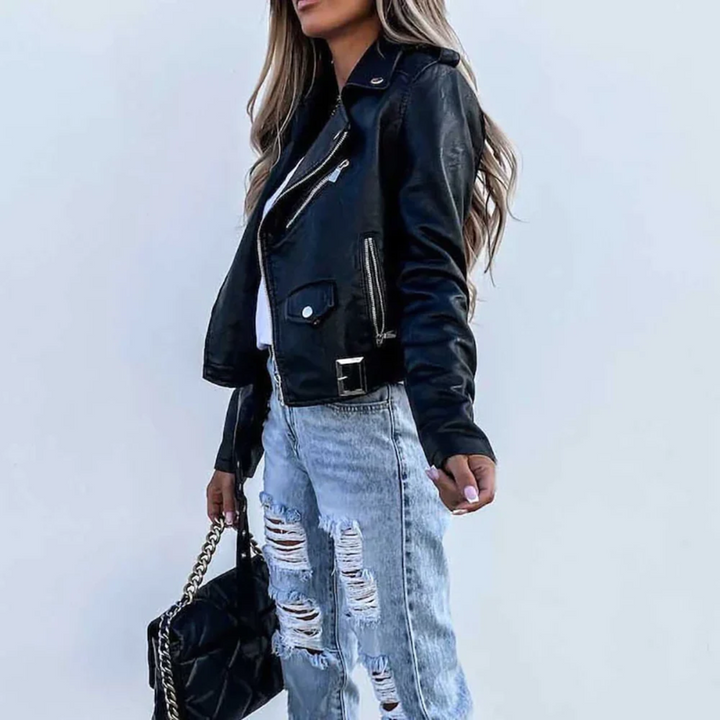 Leather Biker Jacket with Asymmetric Zip, Studded Lapels and Buckle Belt - Marl &amp; Mere