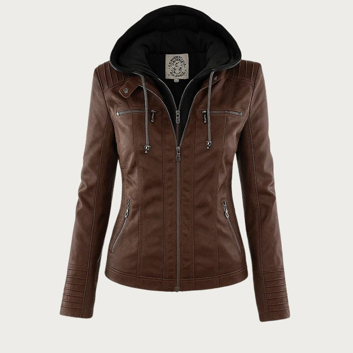 Leather Biker Jacket with Removable Drawstring Hood and Zip Details - Marl &amp; Mere