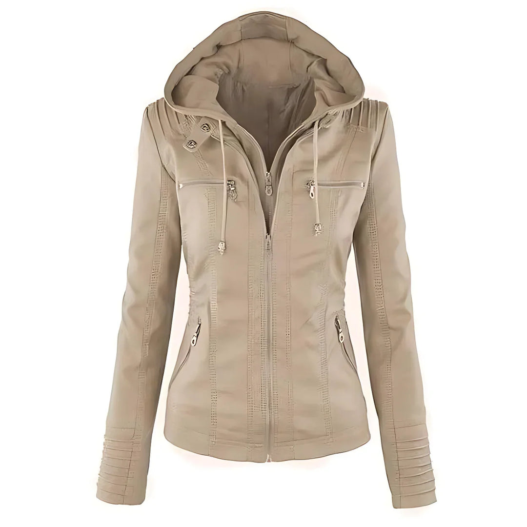 Leather Biker Jacket with Removable Drawstring Hood and Zip Details - Marl &amp; Mere