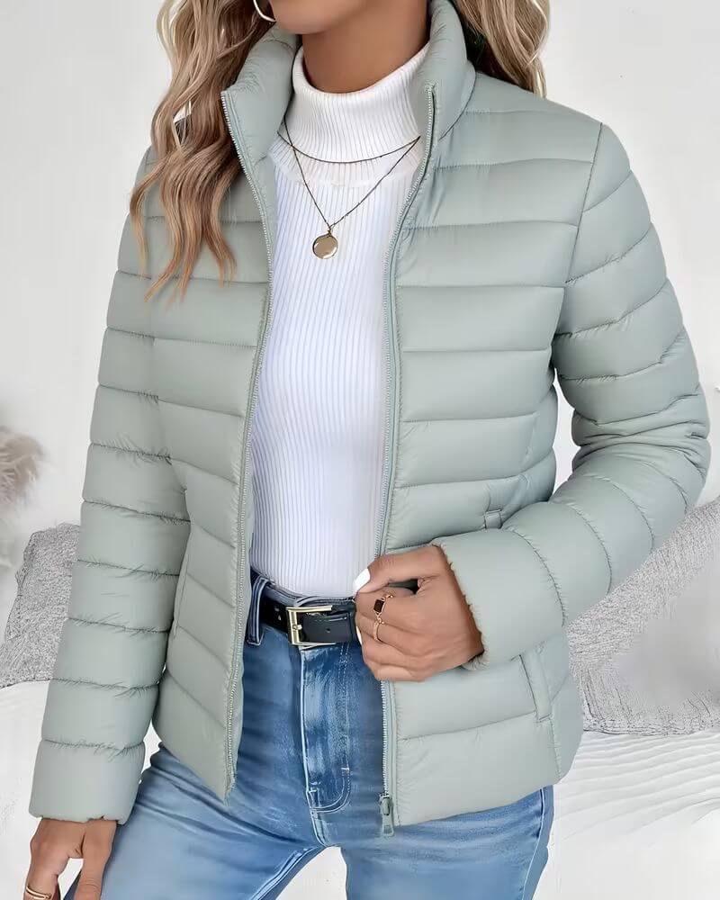 Lightweight Quilted Puffer Jacket with Stand Collar and Full Zip Front