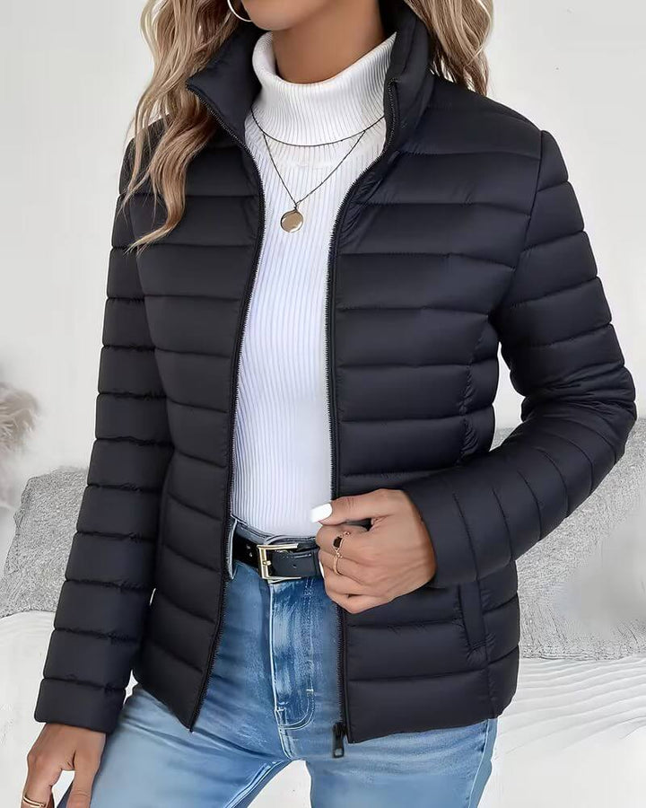 Lightweight Quilted Puffer Jacket with Stand Collar and Full Zip Front