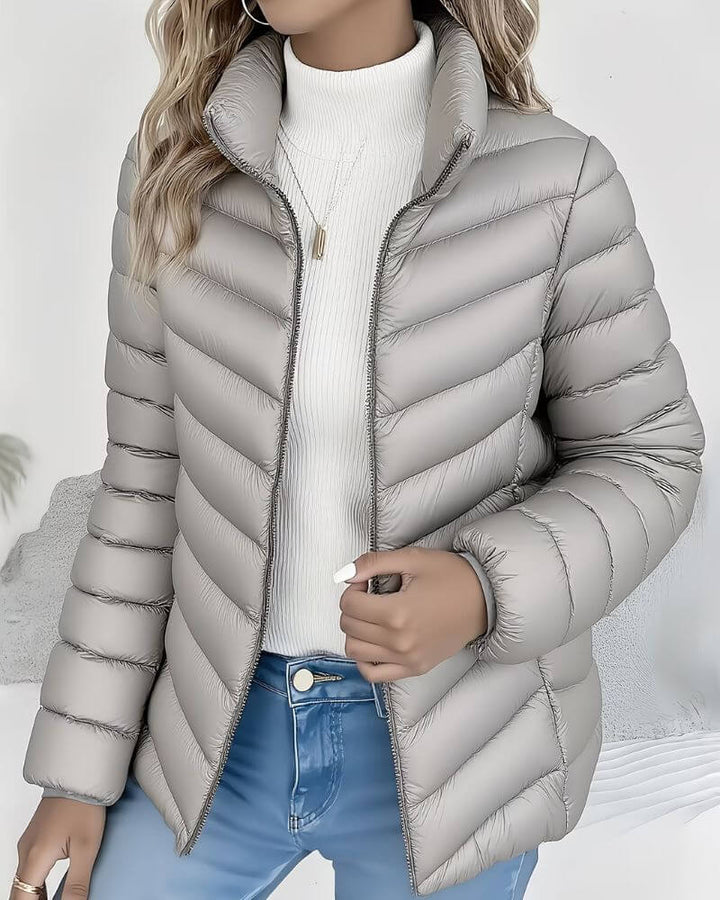 Lightweight Quilted Puffer Jacket with Stand Collar and Full Zip Front