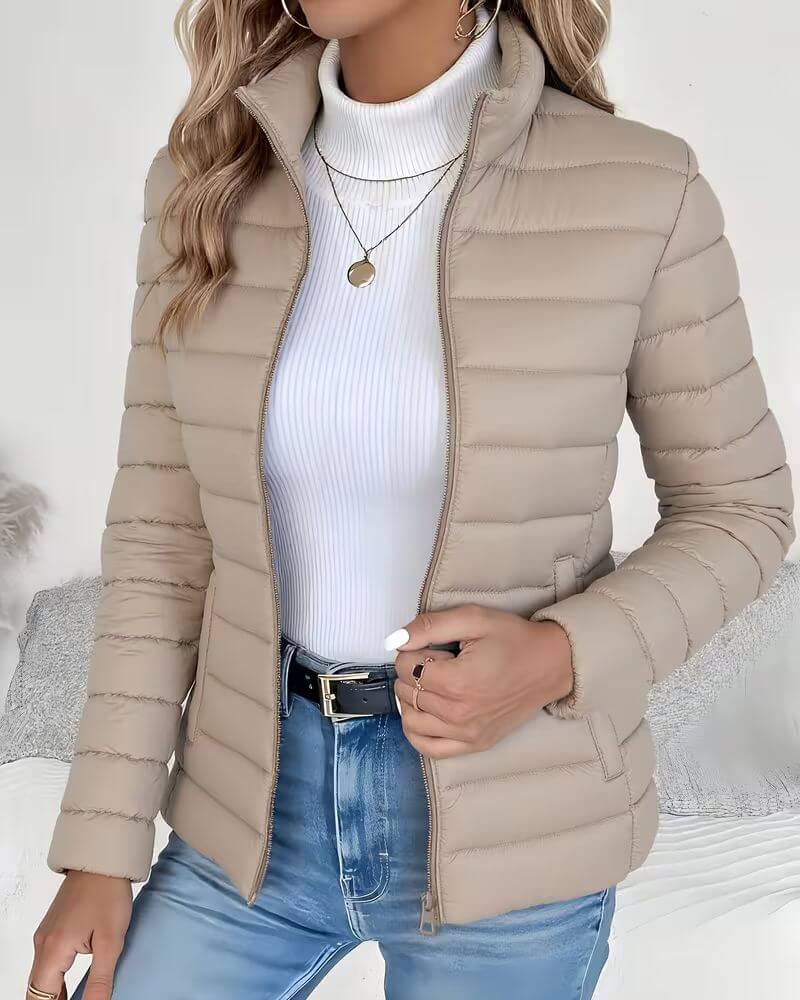 Lightweight Quilted Puffer Jacket with Stand Collar and Full Zip Front - Marl &amp; Mere