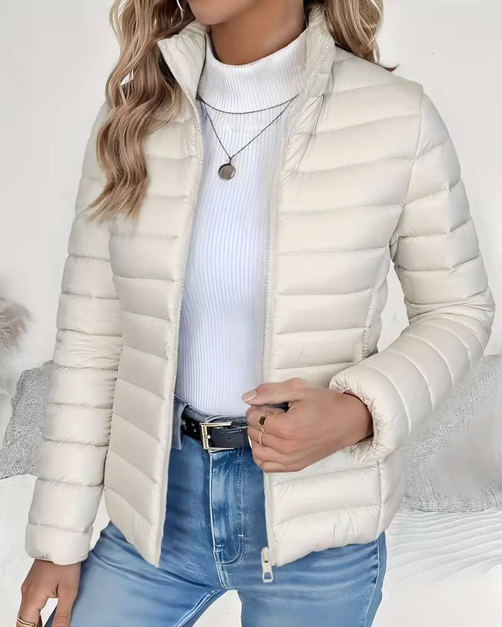Lightweight Quilted Puffer Jacket with Stand Collar and Full Zip Front - Marl &amp; Mere