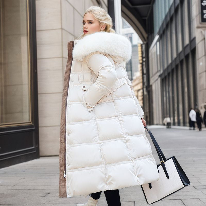 Long Belted Quilted Puffer Coat with Removable Hood and Fur Trim